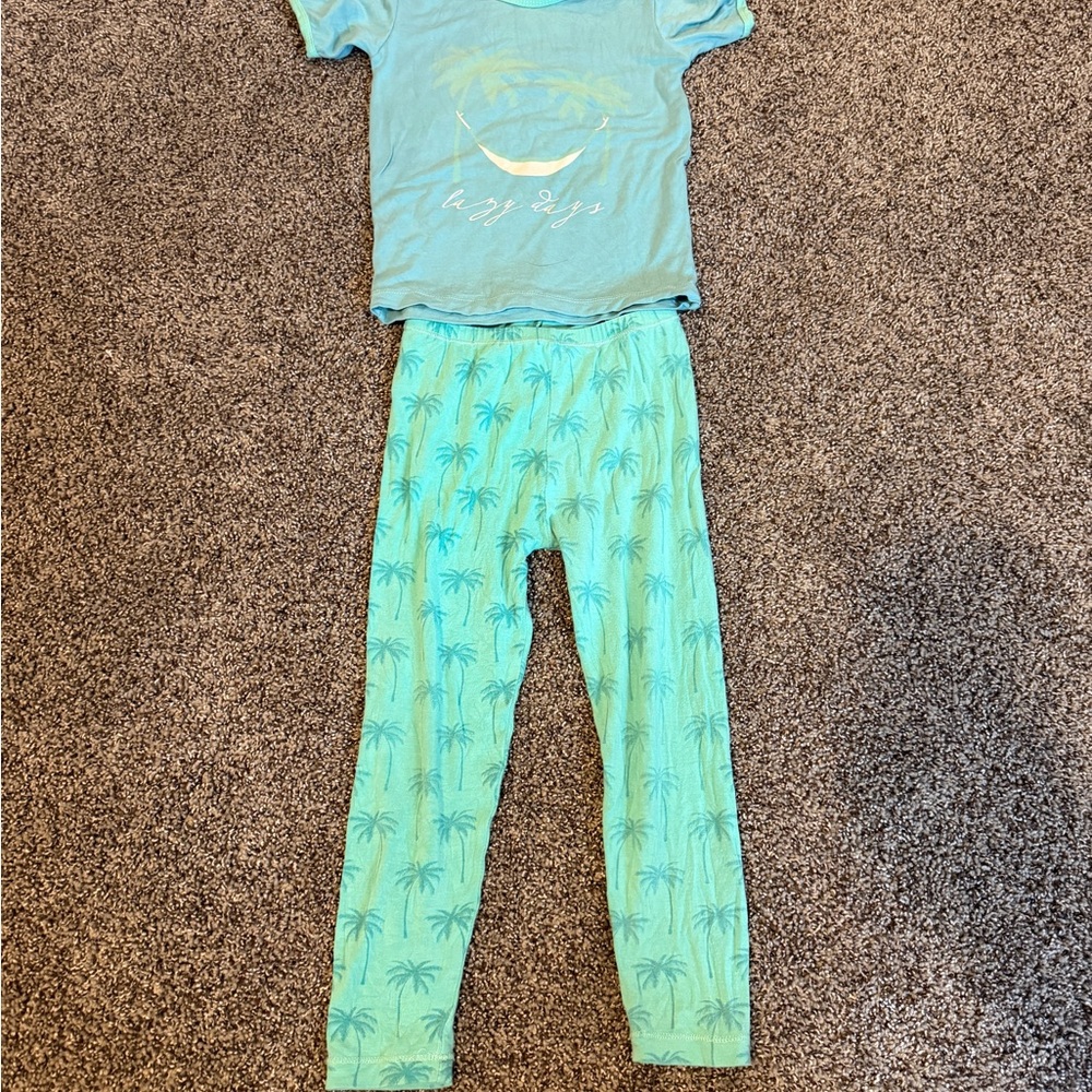Kickee Pants Light Teal Palm-Print Kids Pajama Set